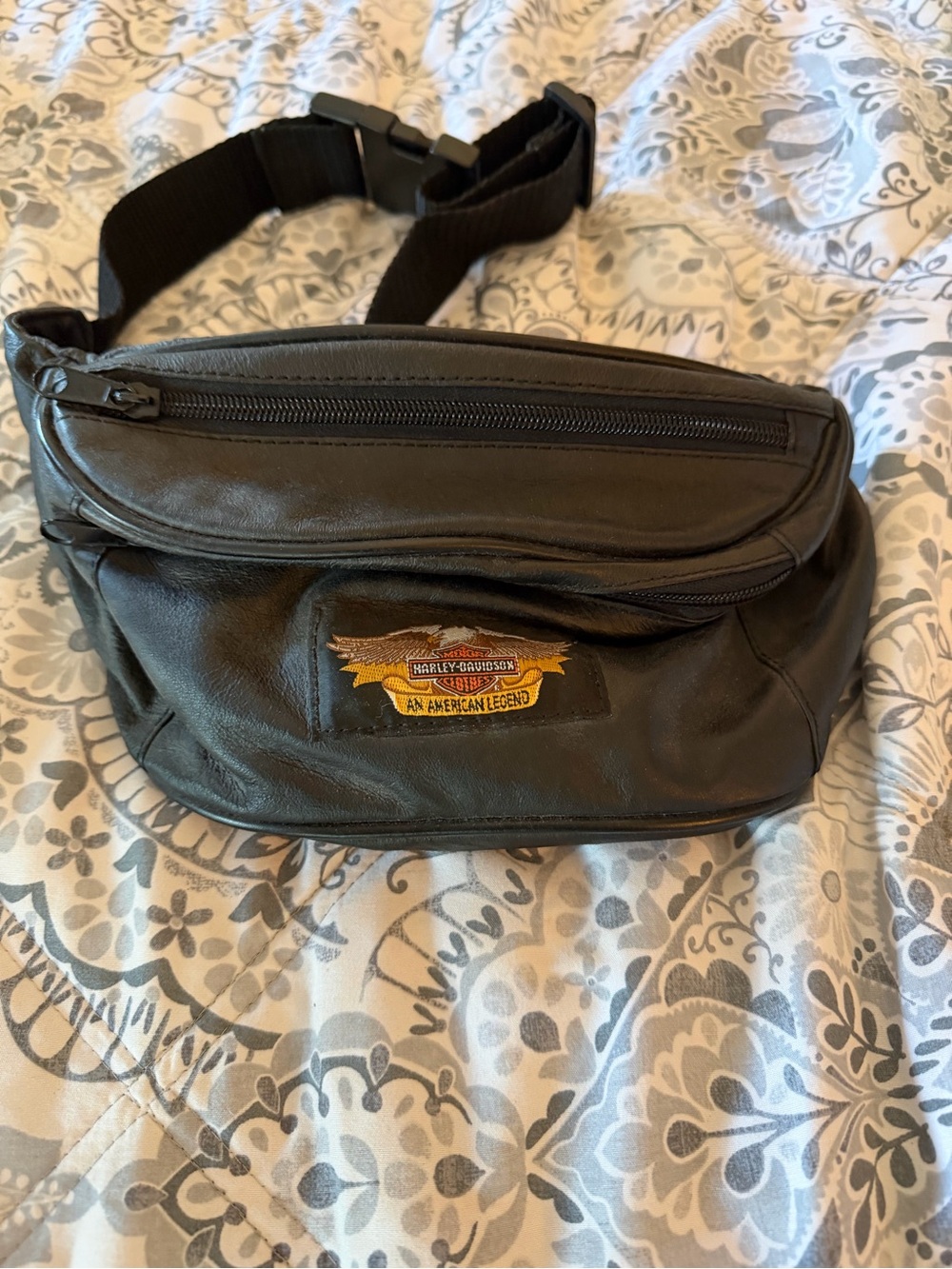 Harley-Davidson Black Leather Belt Bag with Embroidered Patch